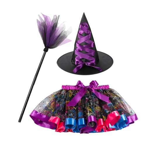 Dubbulon Halloween Hexenrock | 3-teiliges Kostüm für Halloween - Mädchenkostüme und Accessoires, Hexenrock für Frauen zu Halloween, Kostüm, leuchtende Farben für kleine Mädchen von Dubbulon