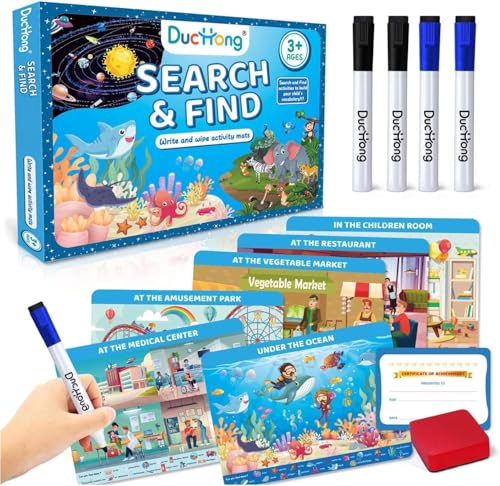 Search and Find Cards for Kids Ages 3 to 6, Every Page is Reusable Activity Mats with 4 Dry Erase Markers for Preschool Learning Educational Game for Boys & Girls Toddlers Aged 3+ von Duchong