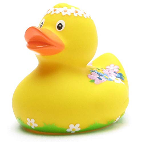 Badeente Blumendesign I Quietscheente I L: 8 cm - inkl. Badeenten-Schlüsselanhänger im Set Gelb von Duckshop