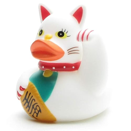 Badeente Winkekatze I Quietscheentchen Lucky Cat I L: 8,5 cm I inkl. Badeenten-Schlüsselanhänger im Set von Duckshop