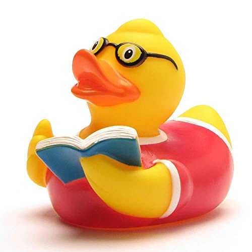 Duckshop I Badeente Bücherwurm I Quietscheente I L: 8,5 cm I inkl. Quietscheentchen-Schlüsselanhänger im Set I Geschenk Nerds I Präsent Sammler von Duckshop