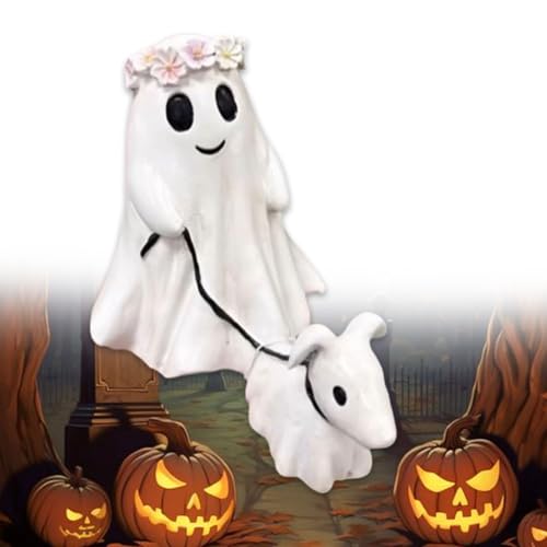 Geister-Statue Mit Laufendem Hund, Gruselige Geister-Halloween-Figur, Halloween-Geister-Hundestatuen, Statue Mit Laufendem Hund, Halloween-Figur, Halloween-Geister-Dekor for Drinnen Und Draußen(Wreath von Duduoaw