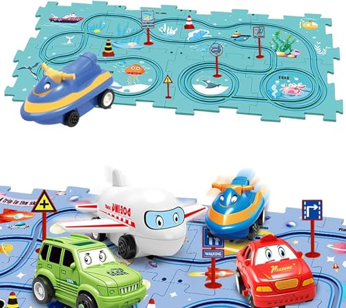 Dujuanus Puzzle Spielzeugauto, DIY Assembling Electric Trolley, Puzzle-Schienen mit Fahrzeugen Spielzeug, Pädagogisches Spielzeug Autorennbahn Spielset für Kinder ab 3 Jahren (Ocean,13 Pcs) von Dujuanus