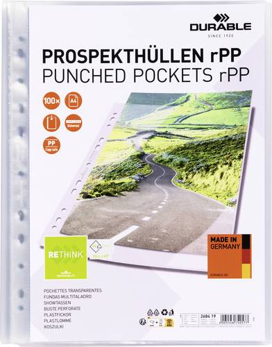 Durable Prospekthülle PREMIUM rPP DIN A4 Recycling Kunststoff, Polypropylen Transparent 268419 100S von Durable