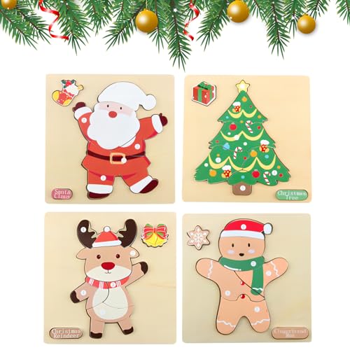 Durdiiy 4 Pcs Holz Puzzle Weihnachtspuzzle für Kinder Weihnachtsbaum Santa Schneemann Elch, Geschenk, Strumpffüller-Ideen, Pädagogisches Lernen Kinder Spielzeug für Mädchen Jungen Geschenke von Durdiiy