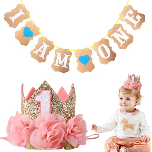 Durdiiy Baby First Birthday Crown and Birthday Flag for Baby Girls, 1st Birthday Crown Hat Decorations Mermaid Ocean Birthday Girl Headband Photo Props Gift for Baby Shower Birthday Party Supplies (B) von Durdiiy