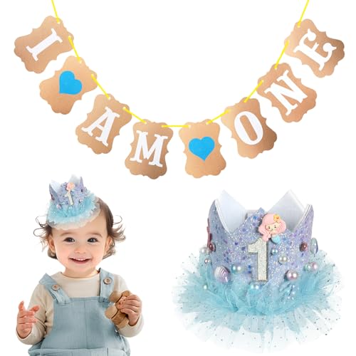 Durdiiy Baby First Birthday Crown and Birthday Flag for Baby Girls, 1st Birthday Crown Hat Decorations Mermaid Ocean Birthday Girl Headband Photo Props Gift for Baby Shower Birthday Party Supplies (A) von Durdiiy