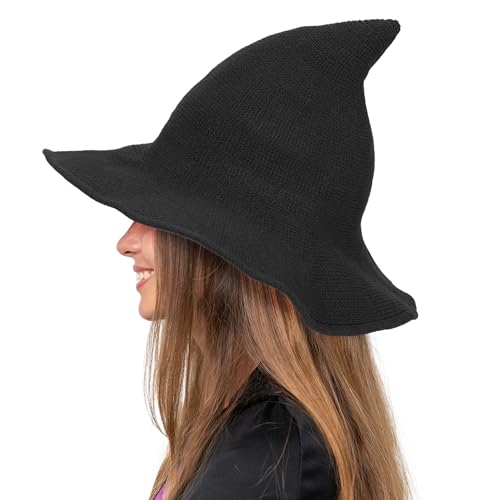 Durio Hexenhut Faltbare Strickmütze Hexenhüte für Frauen Halloween Zauberer Hut für Cosplay Kostüm, A Schwarz, Einheitsgröße von Durio