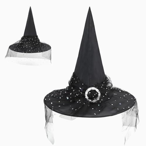 Durio Kinder Hexenhut Schleier Hexenhut für Mädchen Jungen Moderner Hexenhut für Frauen Halloween Zauberer Hut, Stern und Mond, Einheitsgröße von Durio