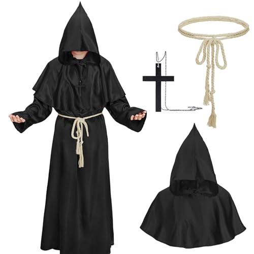 Durio mönch kostüm robe heren horror halloween kostüm herren mittelalter umhang priester kostüm cosplay Schwarz L von Durio