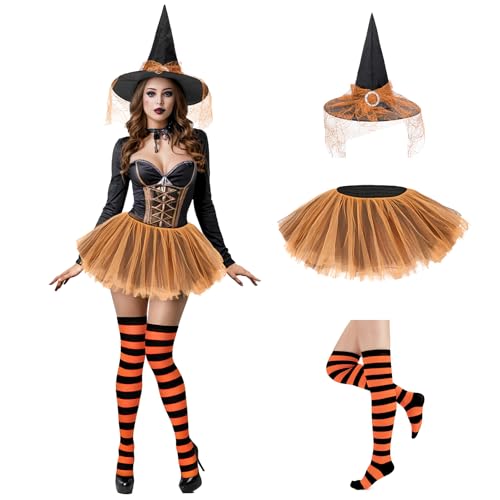 Hexenkostüm für Damen, Tutu, Hexenhut, gestreifte Oberschenkelhohe Socken, 3-teiliges Halloween-Kostüm-Set, Hexen-Outfit, Verkleiden für Cosplay, Party, Rollenspiele, Orange, Einheitsgröße von Durio