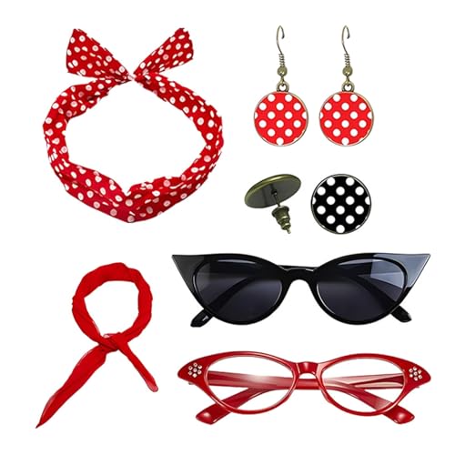 Duroecsain 50er-Jahre-Kostüme für Frauen, 50er-Jahre-Accessoires für Mädchen,50er-Jahre-Outfit mit Stirnbändern und Ohrhängern | Cat-Eye-Brille mit Vintage-Polka-Dot-Haarbändern und Stirnband für von Duroecsain