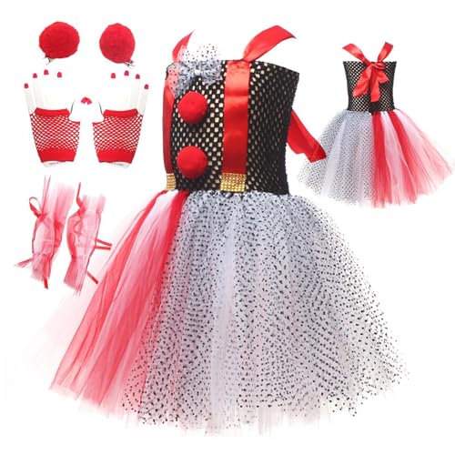 Duroecsain Clown-Kleid-Kostüm, Halloween-Clown-Kostüm, Süße Clown-Cosplay-Kleider für Kleinkinder, Halloween-Clown-Cosplay mit Netzhandschuhen, Haarspange und Netzärmeln für 2–12 Jahre von Duroecsain