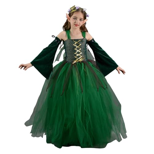 Duroecsain Halloween-Kostüm für Mädchen, grünes Mesh-Tüllkleid | Grünes Halloween-Feenkostüm - Grünes Feenkostüm, Ohren, Kranz, Ärmel, Kinder-Festival-Kostüm für Mädchen von Duroecsain