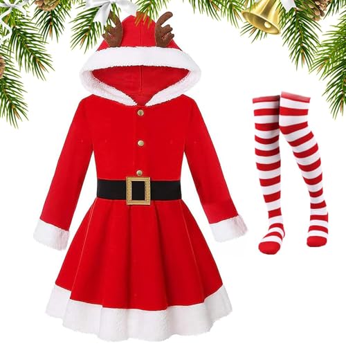 Duroecsain Mädchen-Weihnachtsmann-Kleid mit Geweih, Mädchen-Weihnachtsmann-Kostümkleid | Klassisches Weihnachtsmann-Kostümkleid für Mädchen | Kinder im Alter von 3 bis 15 Jahren verkleiden sich in von Duroecsain