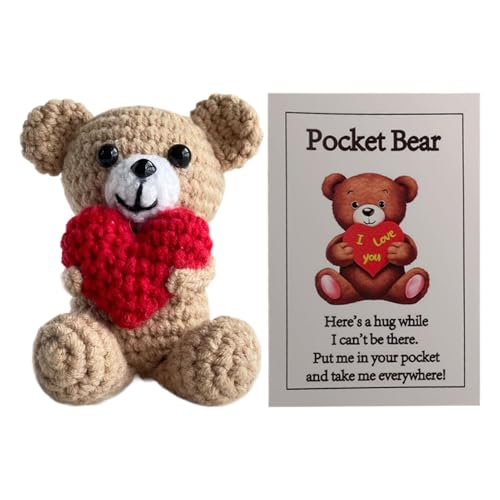 Duroecsain Positive Crochet Bear, 9cm Pocket Hug Bear with Love Heart, Emotional Support Knitted Wool Animal Doll, Handmade Small Crochet Animal with Positive Card for Valentine's Day Birthday Gift von Duroecsain