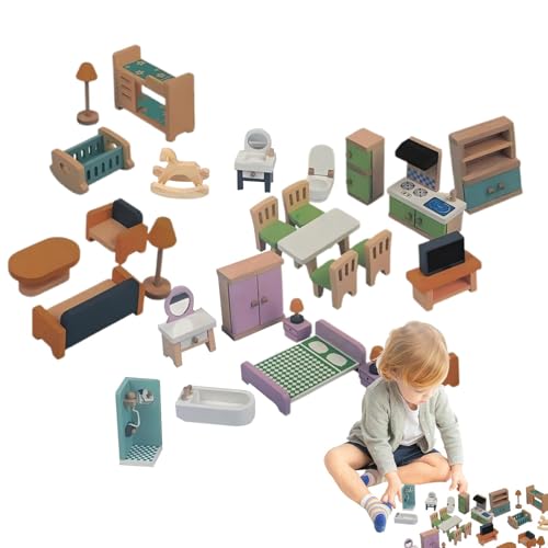 Duroecsain Spielhausmöbel für Kinder, Miniaturmöbelset für Kleinkinder - Miniatur-Möbelzimmer-Set,Hölzerne Puppenhausmöbel, Kleinkindspielzeug, interaktives Spiel, vorgeben, Spielzeugmöbel zu Spielen von Duroecsain