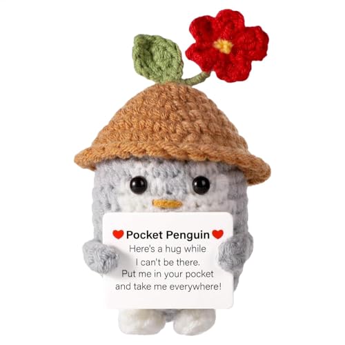 Positive Pocket Doll, Funny Knitted Toy with Positive Card Cute Woolen Emotional Support Crochet Animal Wears Hat Cheer Up Gift for Friends Encouragement Decoration von Duroecsain