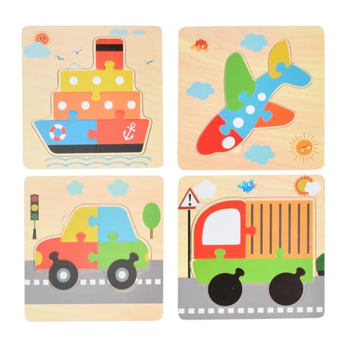 Holzpuzzle Kinder, 4 Stück Holzspielzeug Puzzle, Lernspielzeug Steckpuzzle Holz, Fahrzeug Holzpuzzle Geschenke für Kinder ab 1 2 3 Jahr - 15 x 15 cm von Duronge