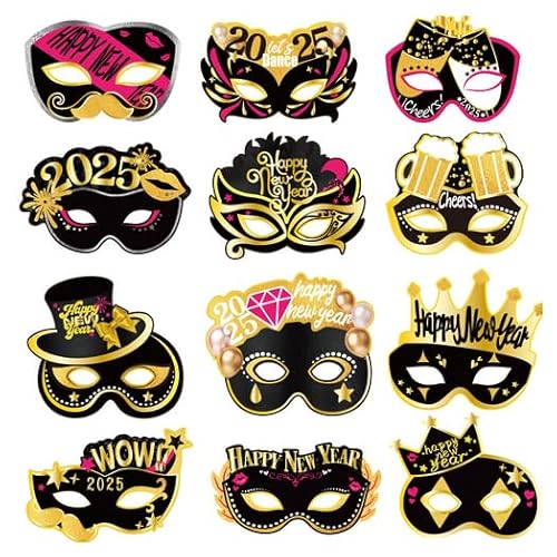 Dusenly 12 Stück 2025 Happy New Year Masken 2025 Silvester Party Papier Maskerade Masken Karneval Prom Venezianische Masken Neujahr Kostüm Supplies von Dusenly