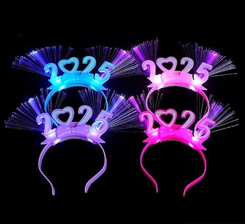 Dusenly 4 Stück Leuchtende Happy New Year Stirnband 2025 LED Neujahr Tiara Stirnband Kopf Bopper Kostüm Kopfschmuck Foto Requisiten 2025 Neujahr Party Dekorationen von Dusenly