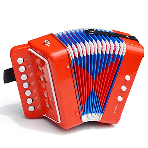 Dussdote Mini-Akkordeon, Spielzeug-Akkordeon-Musikinstrument, 2 Bässe, 7 Tasten (Rot) von Dussdote