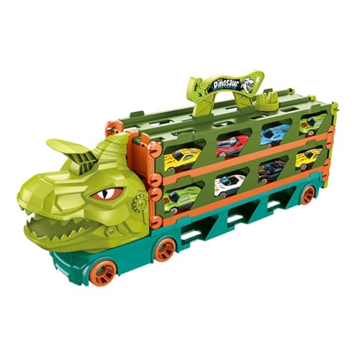 Duvcoywae Dinosaurier-Transport-LKW,Dinosaurier-LKW | Zusammenklappbares Dinosaurier-Truck-Spielzeug mit 2 Auswurf-Rennbahnen | 2-in-1-Transformations-Truck, Mega-Transporter-Spielzeug mit 8 von Duvcoywae