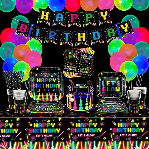 174 PCS Glow Neon Partyzubehör Neon Glow Geschirr Set Neon Ballon Glow in the Dark Geburtstagsbanner Hanging Swirl Cake Toppers für Blacklight Party Dekoration Für 20 von Dvaorc