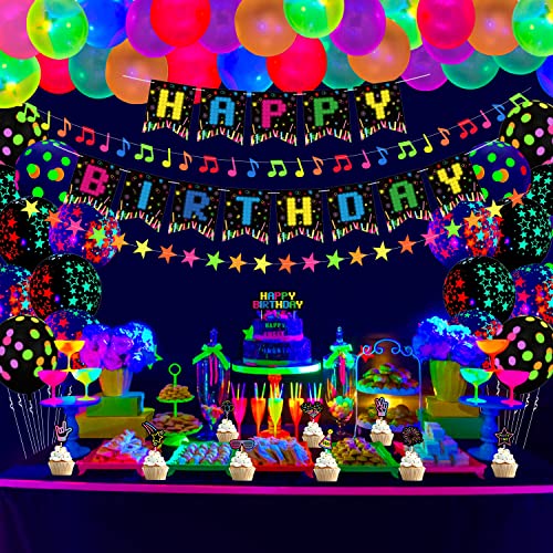 68 PCS Glow Party Supplies Set Glow in the Dark Birthday Banner UV Black Light Reactive Cake Topper Swirls Neon Fluorescent Glow Balloons Neon Stars Musical Note Stars Garlands Neon Party Dekorationen von Dvaorc