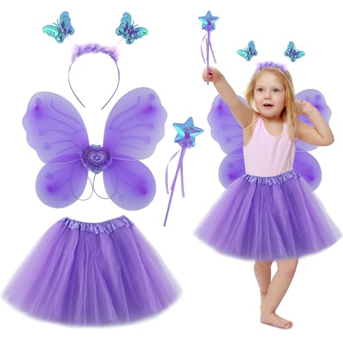 Dwafill Kostüm Schmetterling Kinder, 4-Teiliges Feen Kostüm Kinder, Inklusive SchmetterlingsflüGeln, Kopfschmuck, Feenstab, Prinzessinnenkleid, Kostüm Fee Kinder, Karneval, MäDchen 3-10 Jahren von Dwafill