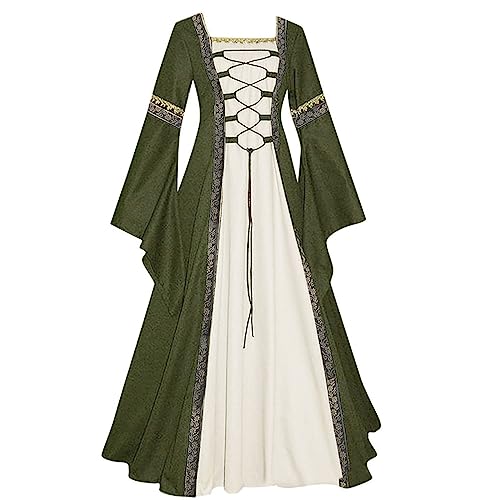 Dwevkeful Damen Mittelalter Kleid Satin Trompetenärmel Bodenlanges Retro Kostüm Gewand Schnürung Gothic Mittelalterliches Cosplay Prinzessin Kleidung HexenKostüm Gewand (4-Green, M) von Dwevkeful