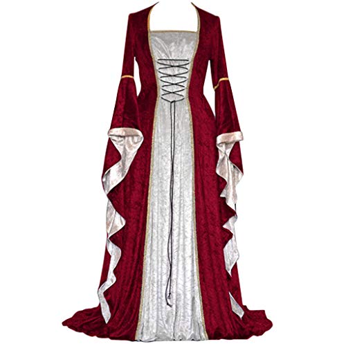 Dwevkeful Damen Mittelalter Kleid Satin Trompetenärmel Bodenlanges Retro Kostüm Gewand Schnürung Gothic Mittelalterliches Cosplay Prinzessin Kleidung HexenKostüm Gewand (5-Wine, M) von Dwevkeful