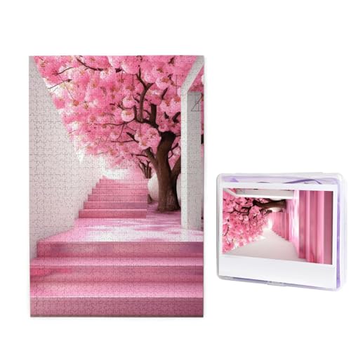 1000 Teile Puzzle – Kirschblüten-Treppen-Puzzles für Erwachsene, herausforderndes Puzzle, personalisiertes Bild, Puzzle, Holzpuzzle, 74,9 x 50 cm von Dwrepo