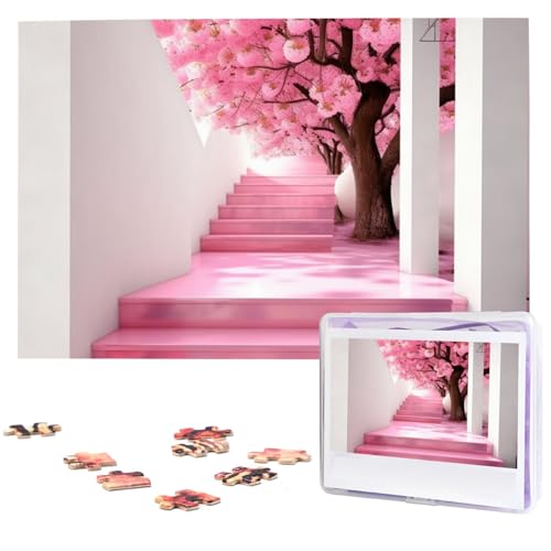 1000 Teile Puzzle – Kirschblüten-Treppen-Puzzles für Erwachsene, herausforderndes Puzzle, personalisiertes Bild, Puzzle, Holzpuzzle, 74,9 x 50 cm von Dwrepo