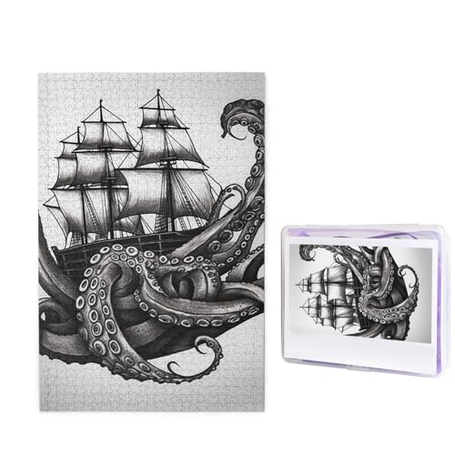 1000 Teile Puzzle – Schwarz-Weiß-Oktopus- und Schiffspuzzles für Erwachsene, herausforderndes Puzzle, personalisiertes Bildpuzzle, Holzpuzzle, 74,9 x 50 cm von Dwrepo