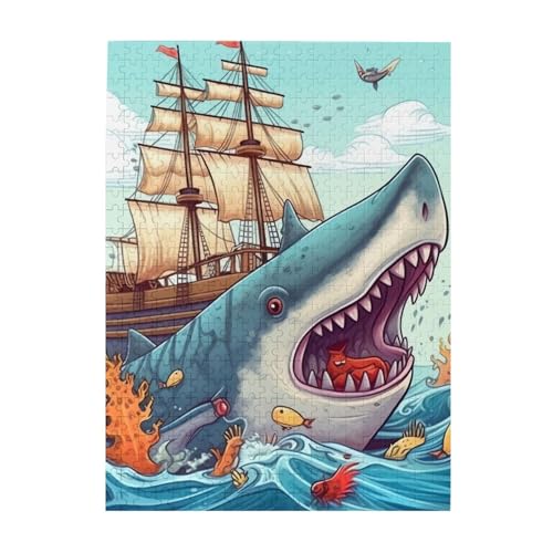 500 Teile Puzzle – Cartoon-Fisch, das Schiff im Ozean isst, Puzzles für Erwachsene, herausforderndes Puzzle, personalisiertes Bild, Puzzle, Holzpuzzle, 51,8 x 38,1 cm von Dwrepo