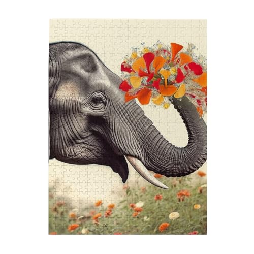 500 Teile Puzzle – Elefant mit herzförmiger Blume Puzzles für Erwachsene, herausforderndes Puzzle, personalisiertes Bildpuzzle, Holzpuzzle, 51,8 x 38,1 cm von Dwrepo