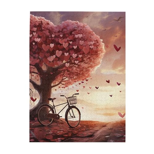 500 Teile Puzzle – Fahrrad unter Herz Baum Romantische Puzzles für Erwachsene, herausforderndes Puzzle, personalisiertes Bild, Puzzle, Holzpuzzle, 51,8 x 38,1 cm von Dwrepo