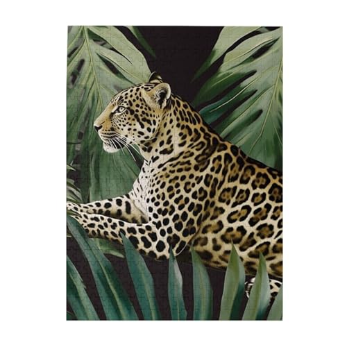 500 Teile Puzzle – Leoparden-Palmblatt-Puzzles für Erwachsene, herausforderndes Puzzle, personalisiertes Bild, Holzpuzzle, 51,8 x 38,1 cm von Dwrepo