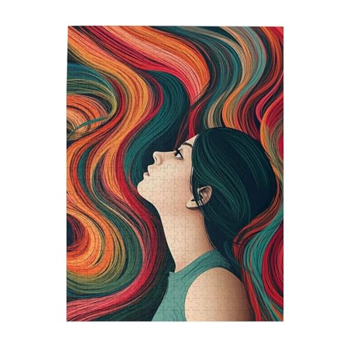 500-teiliges Puzzle – Frau mit langen, bunten Haaren für Erwachsene, herausforderndes Puzzle, personalisiertes Bild, Puzzle, Holzpuzzle, 51,8 x 38,1 cm von Dwrepo