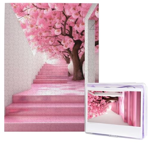 500-teiliges Puzzle – Kirschblüten-Treppen-Puzzles für Erwachsene, herausforderndes Puzzle, personalisiertes Bild, Holzpuzzle, 51,8 x 38,1 cm von Dwrepo