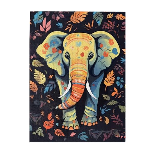 500-teiliges Puzzle – buntes Elefanten- und Blatt-Puzzle für Erwachsene, herausforderndes Puzzle, personalisiertes Bild, Holzpuzzle, 51,8 x 38,1 cm von Dwrepo