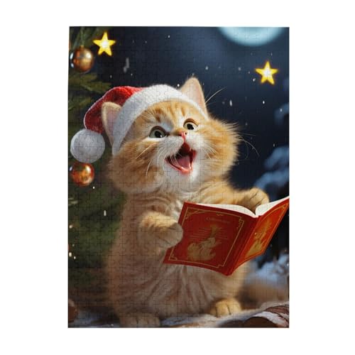 500-teiliges Puzzle – niedliche Katze singt Weihnachtslieder, Puzzles für Erwachsene, herausforderndes Puzzle, personalisiertes Bild, Puzzle, Holzpuzzle, 51,8 x 38,1 cm von Dwrepo