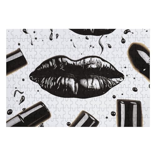 Cooles schwarzes Lippenstift-Lippen-Puzzle, personalisiertes Bild, Puzzle, Heimdekoration, Wand-Holz-Puzzle, 200 Teile, für Erwachsene von Dwrepo