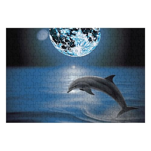 Delphin- und Mond-Puzzle, personalisiertes Bildpuzzle, Heimdekoration, Wand-Holz-Puzzle, 200 Teile, für Erwachsene von Dwrepo