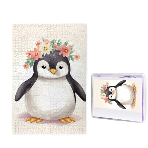 Puzzle mit 1000 Teilen – Pinguin mit Blumen für Erwachsene, herausforderndes Puzzle, personalisiertes Bildpuzzle, Holzpuzzle, 74,9 x 50 cm von Dwrepo