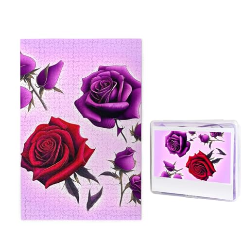 Puzzle mit 1000 Teilen – Rote und violette Rosen für Erwachsene, herausforderndes Puzzle, personalisiertes Bild, Holzpuzzle, 74,9 x 50 cm von Dwrepo