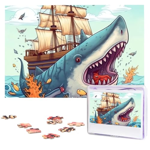 Puzzle mit 1000 Teilen: Cartoon-Fisch, das Schiff im Ozean isst, Puzzles für Erwachsene, herausforderndes Puzzle, personalisiertes Bild, Puzzle, Holzpuzzle, 74,9 x 50 cm von Dwrepo