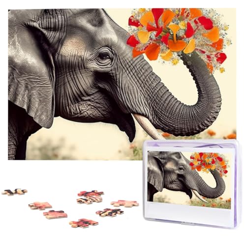 Puzzle mit 1000 Teilen: Elefant mit herzförmiger Blume für Erwachsene, anspruchsvolles Puzzle, personalisiertes Bild, Puzzle, Holzpuzzle, 74,9 x 50 cm von Dwrepo
