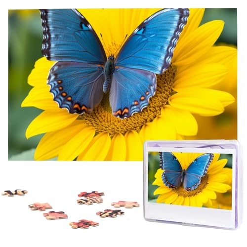 Puzzle mit 1000 Teilen: Sonnenblumen-blauer Schmetterling, Puzzles für Erwachsene, anspruchsvolles Puzzle, personalisiertes Bild, Puzzle, Holzpuzzle, 74,9 x 50 cm von Dwrepo